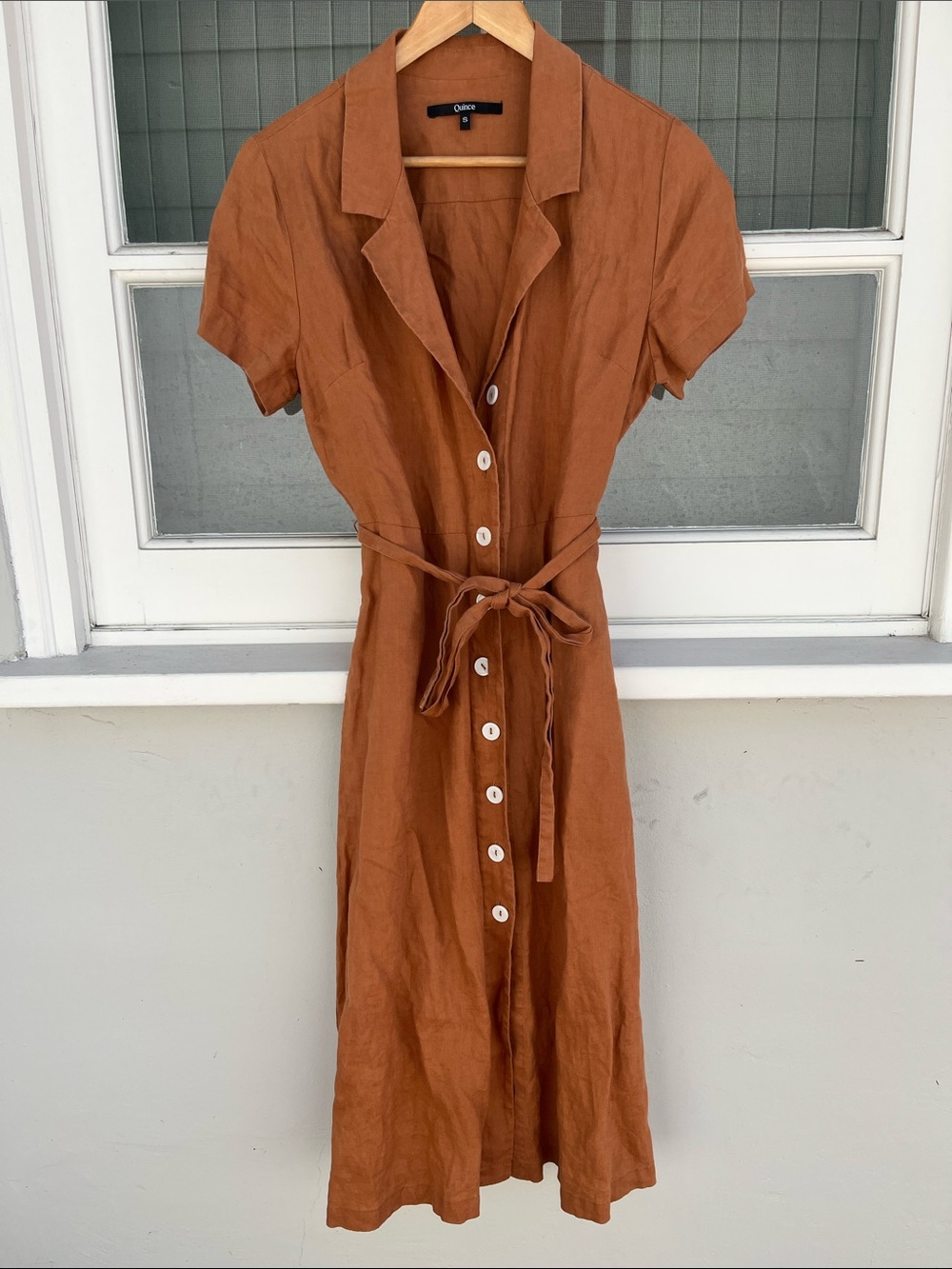 Quince Rust-Orange Button-Front Midi Dress with Tie Waist